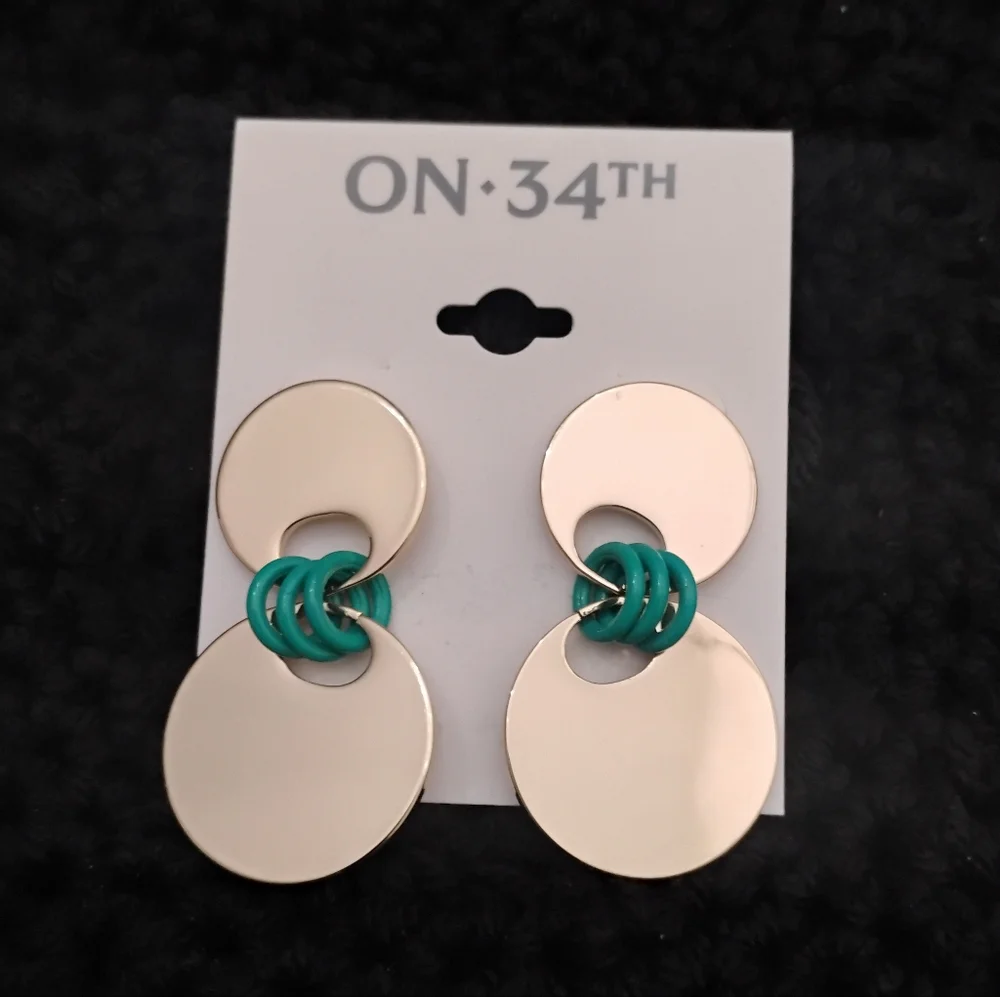 ON 34th Gold-Tone Disc & Blue-Green Color Ring Drop Earrings NWT